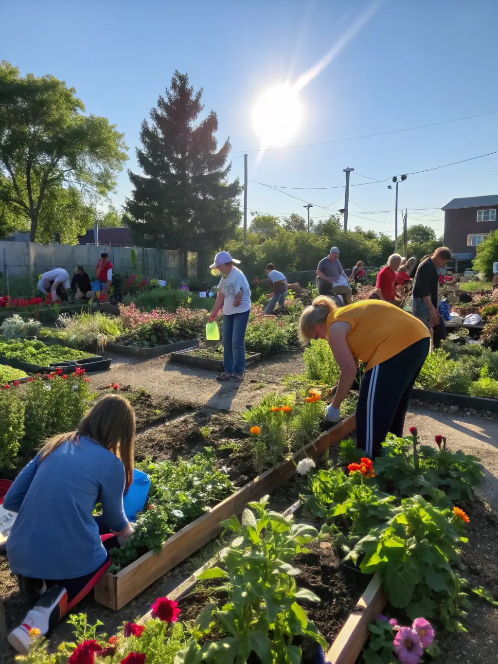 A community garden project supported by ASS SALON DE L'HABITAT DE LA CHARENTE, with residents planting vegetables and flowers.