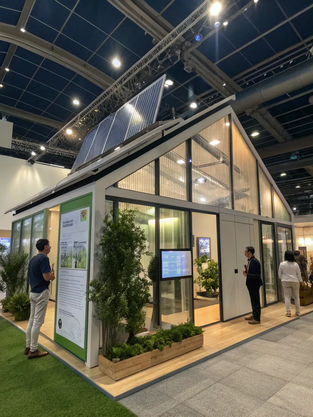A brightly lit exhibition hall filled with booths showcasing eco-friendly building materials and sustainable home designs at the Salon de l'Habitat de la Charente.