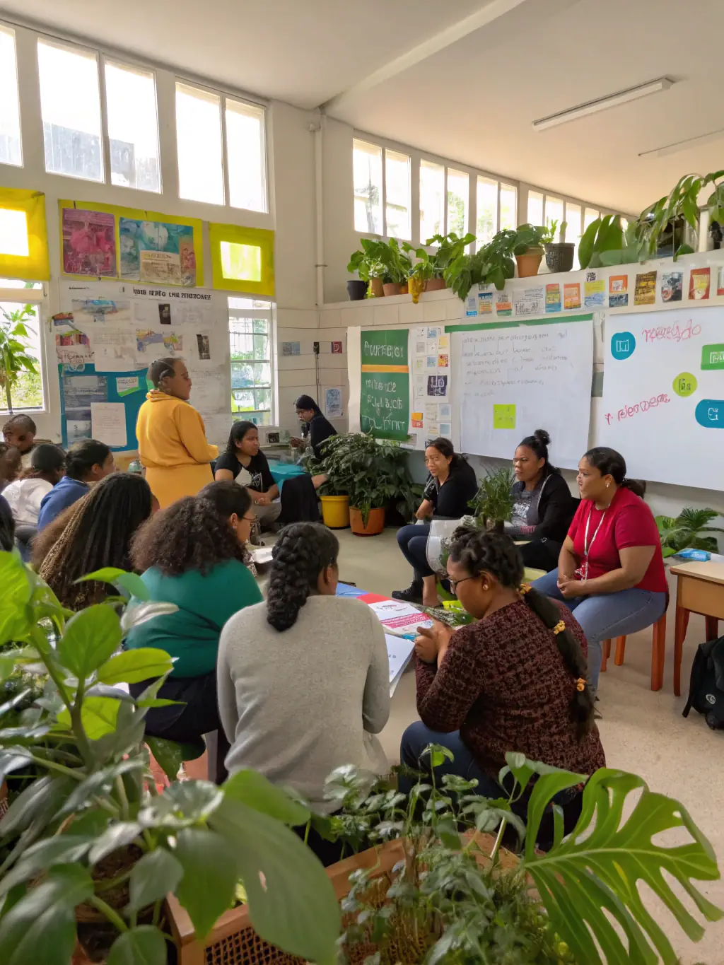 A vibrant image showcasing a community workshop on sustainable housing solutions, with participants actively engaged in learning about eco-friendly building materials and techniques.