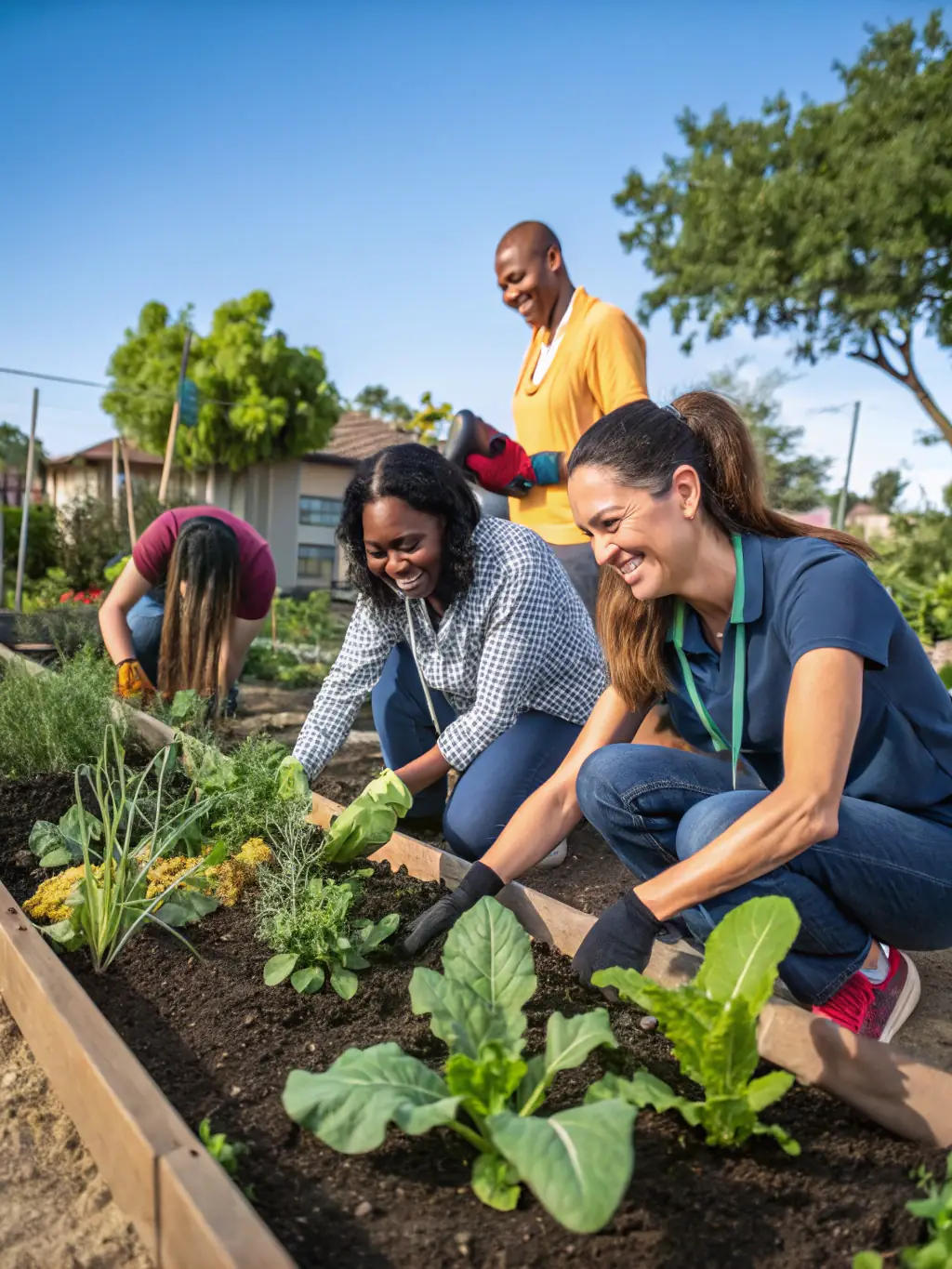 A photo of a community garden project, with volunteers planting vegetables and flowers, highlighting the organization's focus on sustainable living.