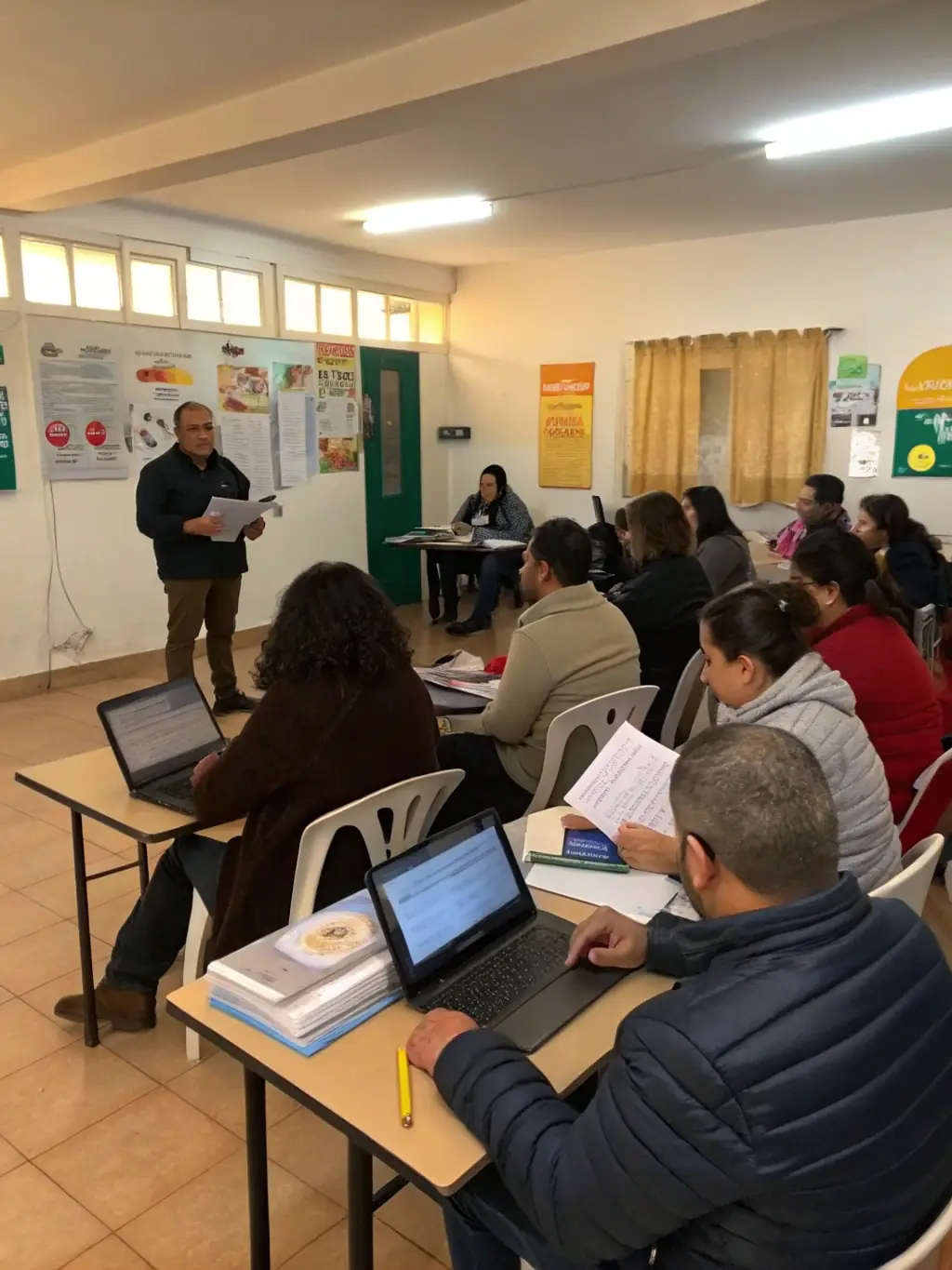 A picture of a seminar on housing rights and regulations, with attendees learning about their legal protections and resources available to them.