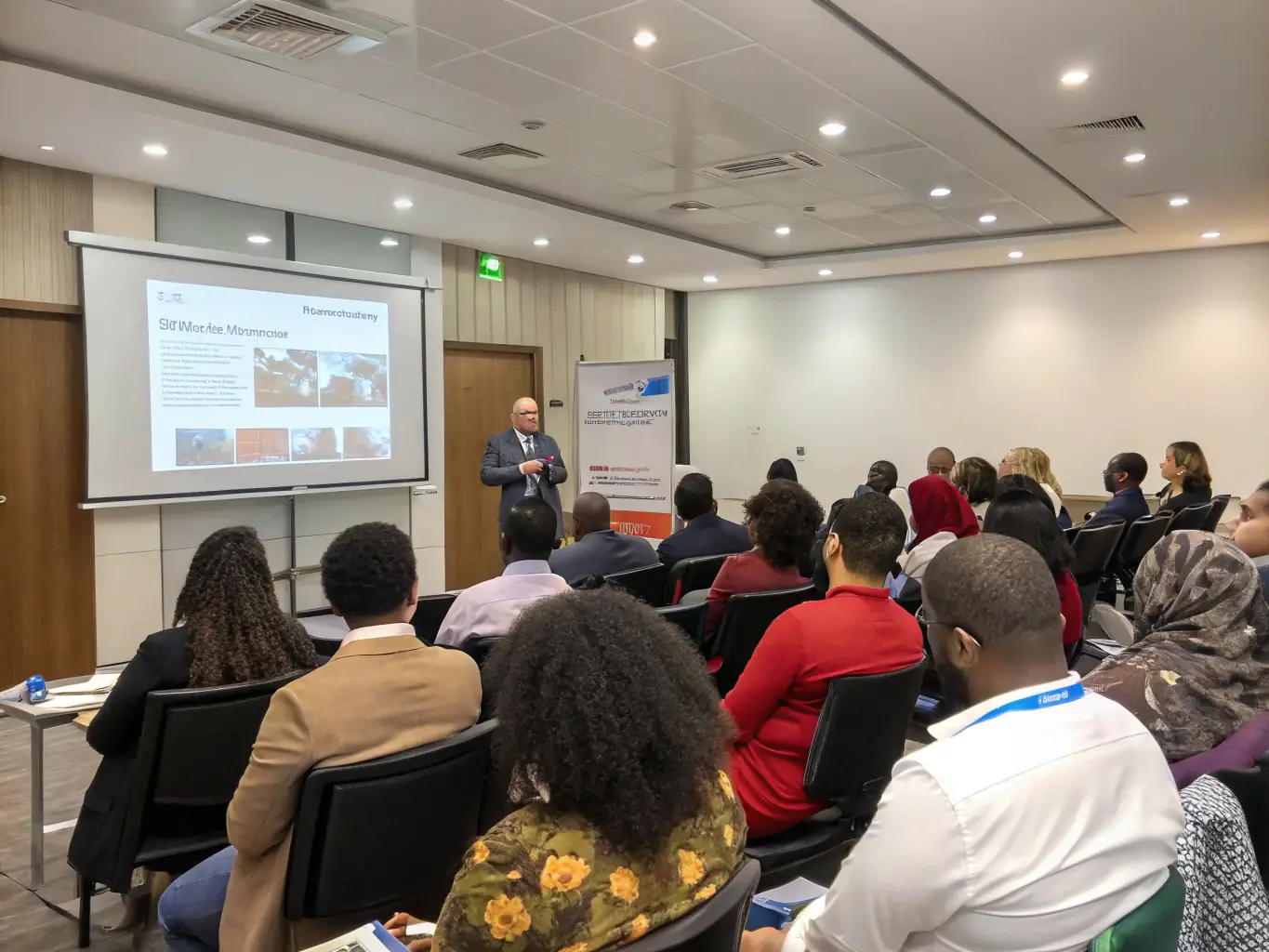 An image showing a diverse group of people attending a seminar on home renovation and improvement, with a focus on modern design and functionality.
