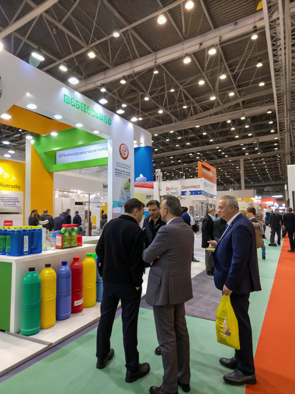 A vibrant image of the Salon de l'Habitat de la Charente, showcasing diverse attendees interacting with exhibitors in a bustling environment.