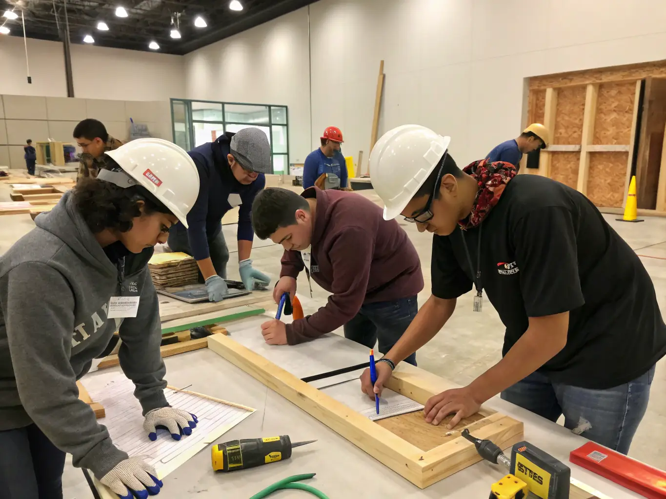 A vibrant image depicting a community workshop on sustainable home building techniques, showcasing participants actively engaged in learning and applying eco-friendly construction methods.
